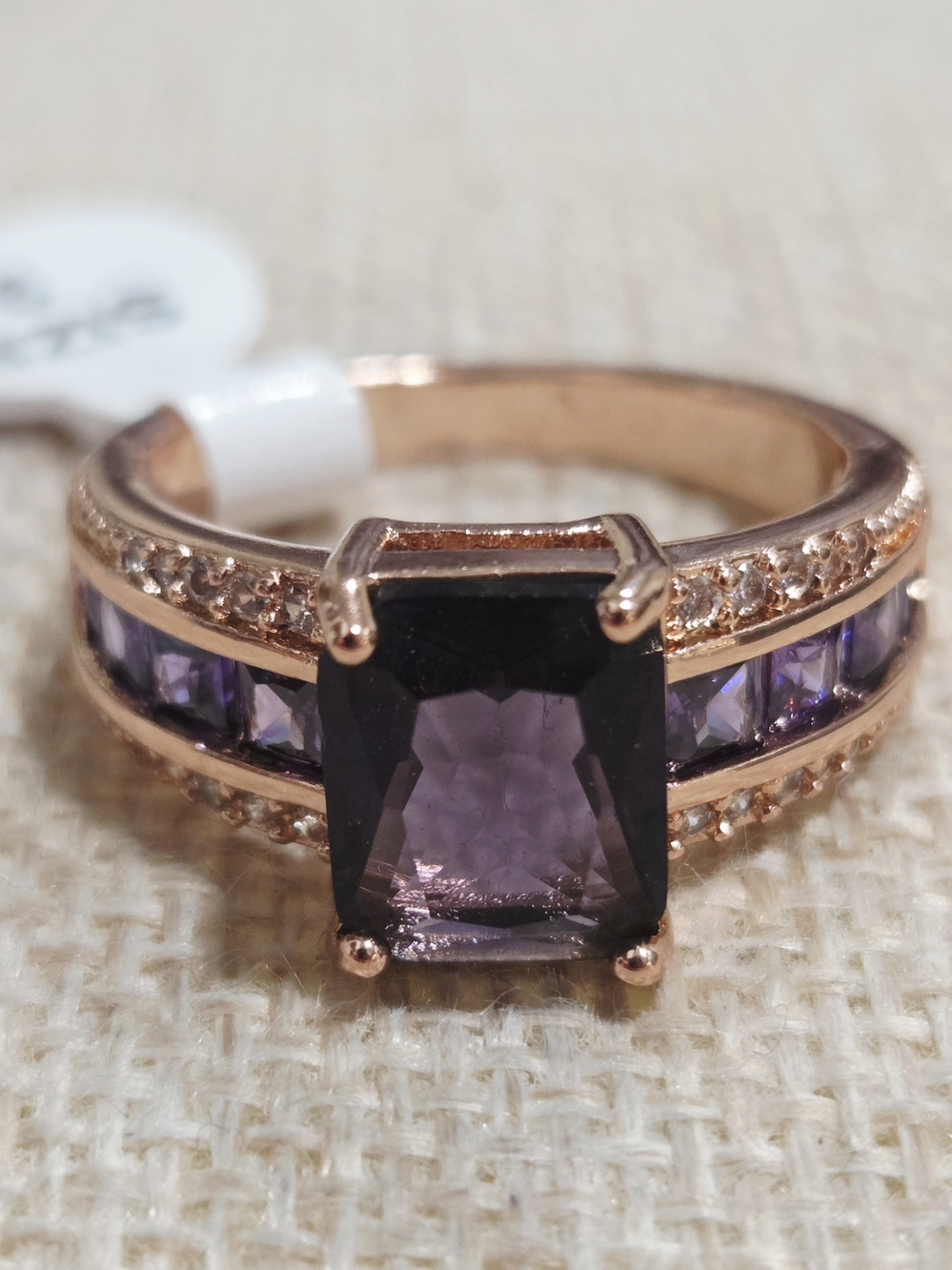 Rose Gold Amethyst-Style Square Center Ring - Purple
